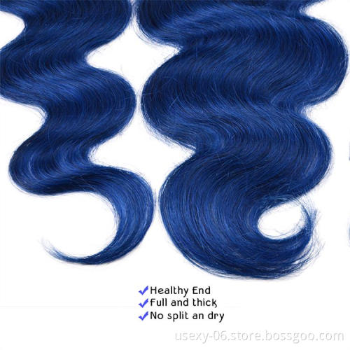 Ombre Remy Hair Brazilian Hair Extension Two Tone Color 1B/Blue Body Wave 13*4 Swiss Lace Frontal
